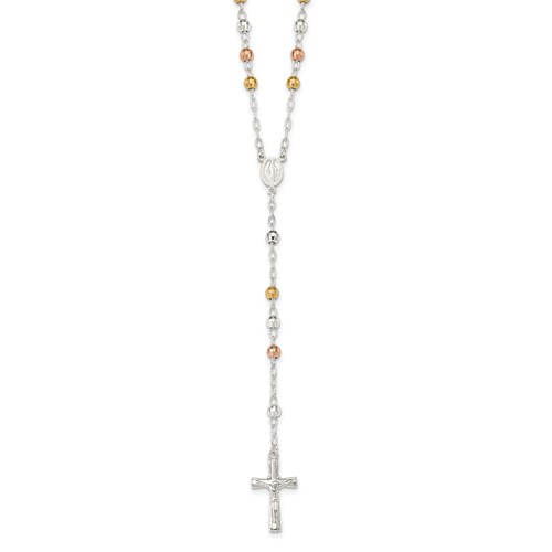 Sterling Silver Rose and Yellow Gold-plated Polished Mirror Beaded Rosary, 26"