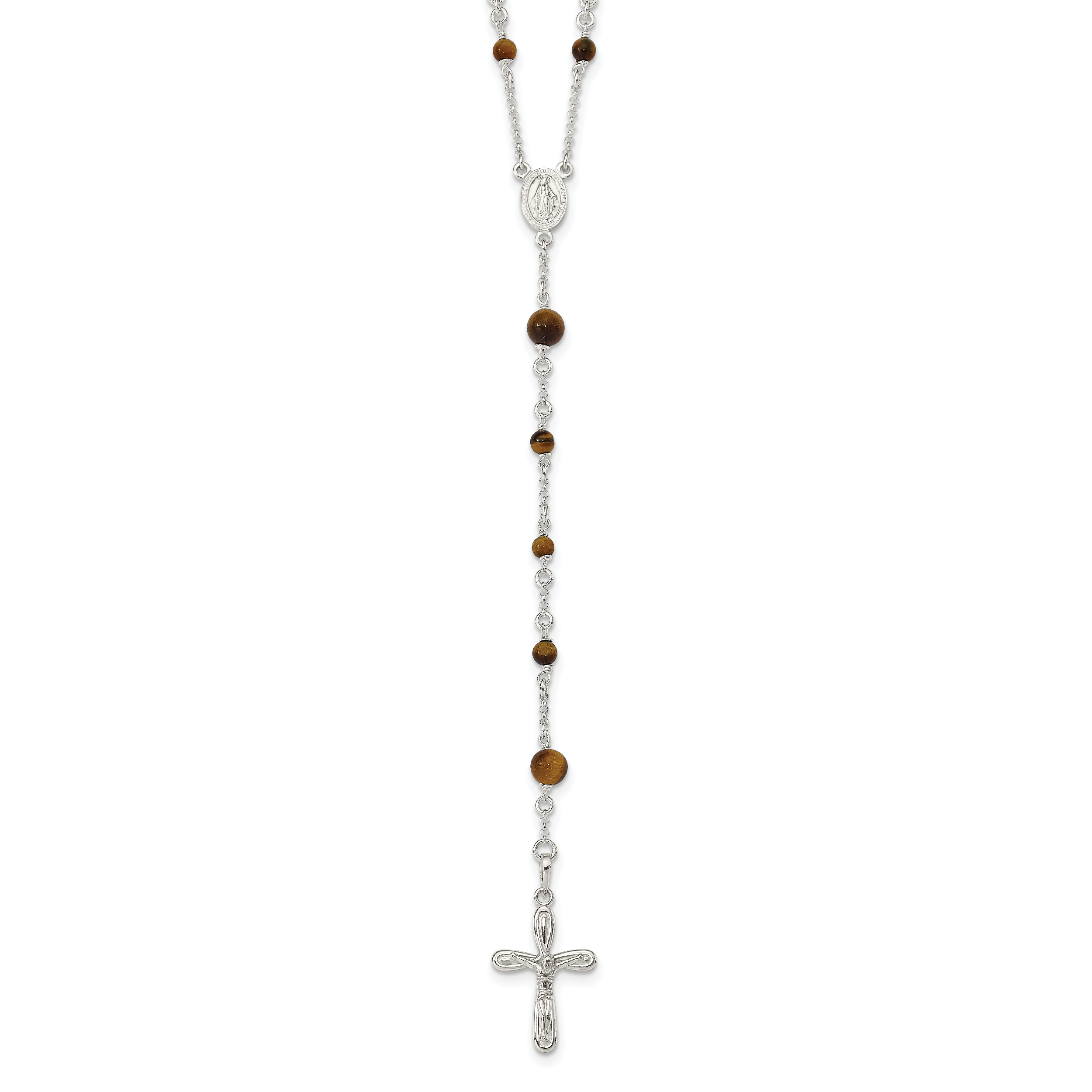 Sterling Silver Polished Tiger Eye Bead Rosary 33 inch Necklace (QH4991)