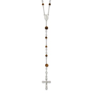 Sterling Silver Polished Tiger Eye Bead Rosary 33 inch Necklace