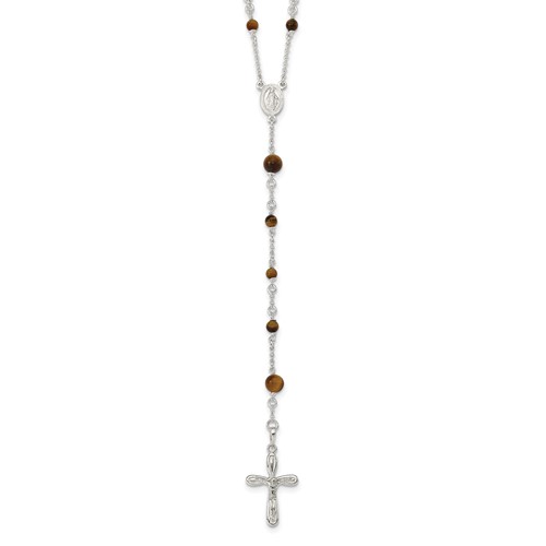 Sterling Silver Polished Tiger Eye Beaded Rosary, 33"