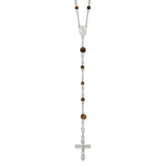 Sterling Silver Polished Tiger Eye Bead Rosary 33 inch Necklace
