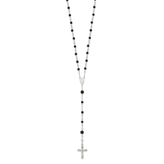 Sterling Silver Polished Black Onyx Rosary Necklace