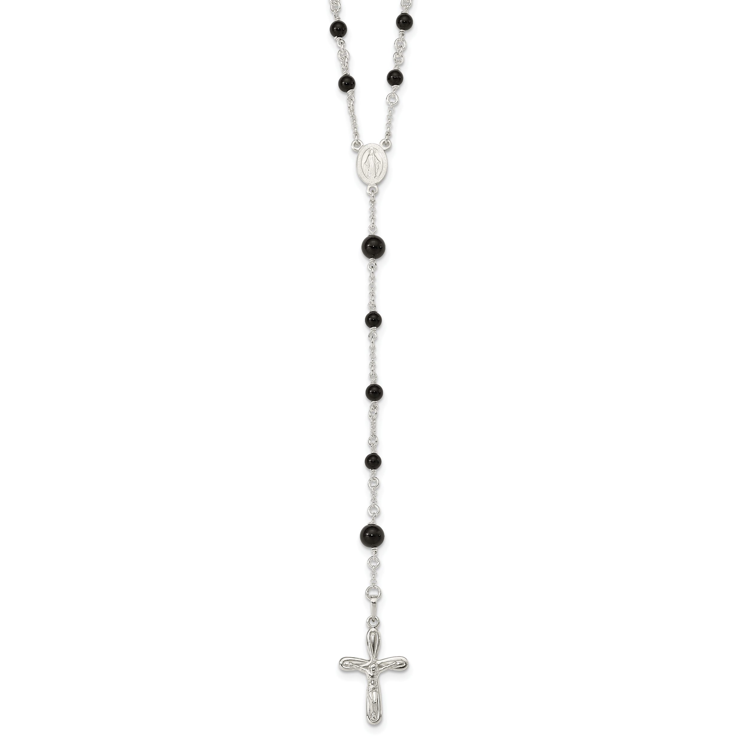 Sterling Silver Polished Black Onyx Rosary Necklace (QH4998)