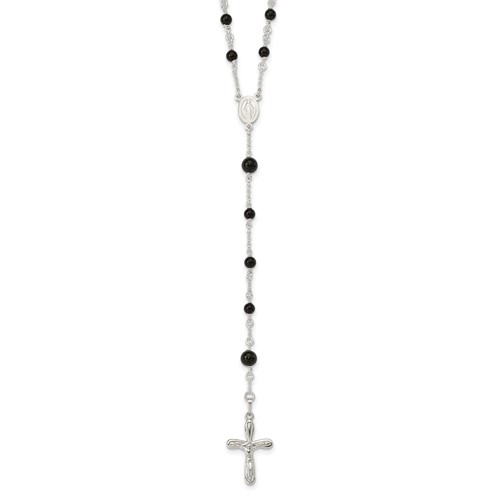 Sterling Silver Polished Black Onyx Beaded Rosary Necklace, 33"