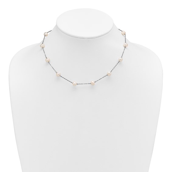 Sterling Silver Rhodium-plated 6-7mm White Near-Round Freshwater Cultured Pearl 12-Station 16 inch Necklace