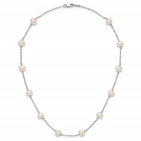 Sterling Silver Rhodium-plated 6-7mm White Near-Round Freshwater Cultured Pearl 12-Station Necklace, 16" view 4