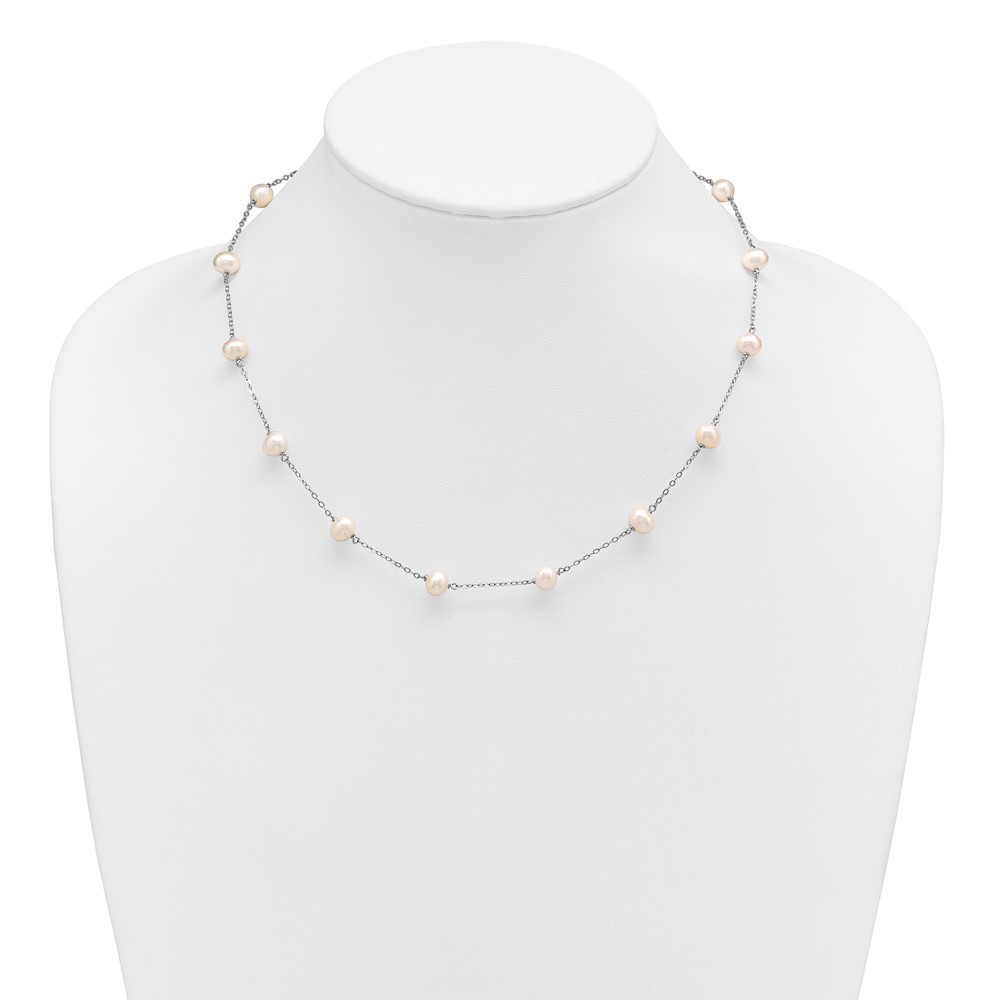 Sterling Silver Rhodium-plated 6-7mm White Near-Round Freshwater Cultured Pearl 14-Station 18 inch Necklace (QH5003-18)