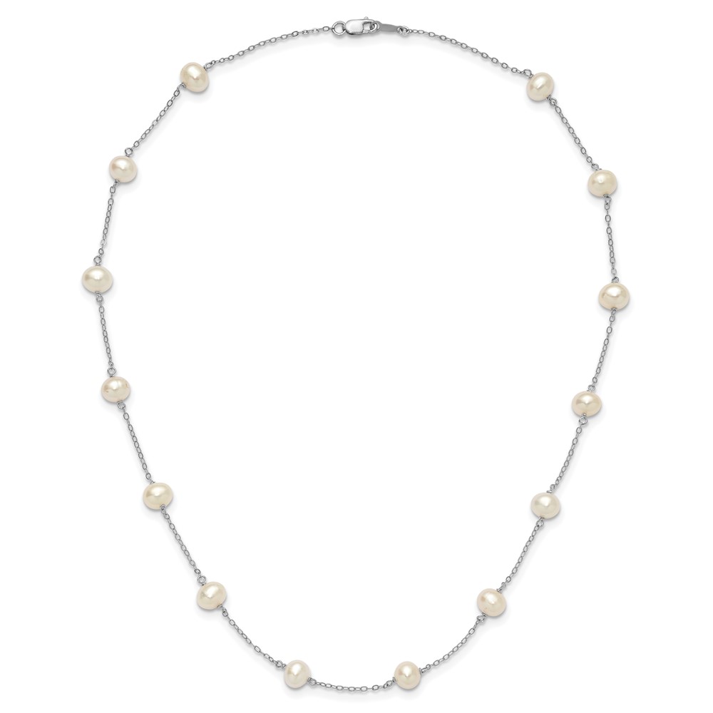 Sterling Silver Rhodium-plated 6-7mm White Near-Round Freshwater Cultured Pearl 14-Station 18 inch Necklace (QH5003-18)