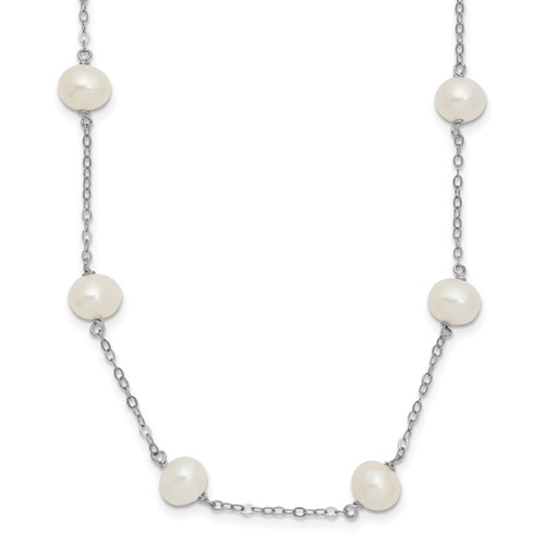 Sterling Silver Rhodium-plated 6-7mm White Near-Round Freshwater Cultured Pearl 12-Station Necklace, 16"
