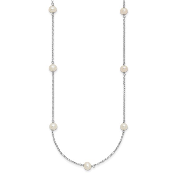 Sterling Silver Rhodium-plated 5-6mm White Near-Round Freshwater Cultured Pearl 8-Station 16 inch Necklace