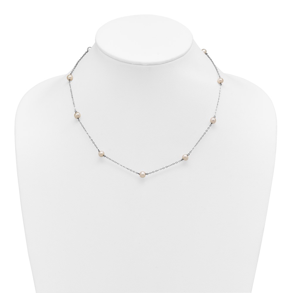 Sterling Silver Rhodium-plated 5-6mm White Near-Round Freshwater Cultured Pearl 9-Station 18 inch Necklace (QH5005-18)