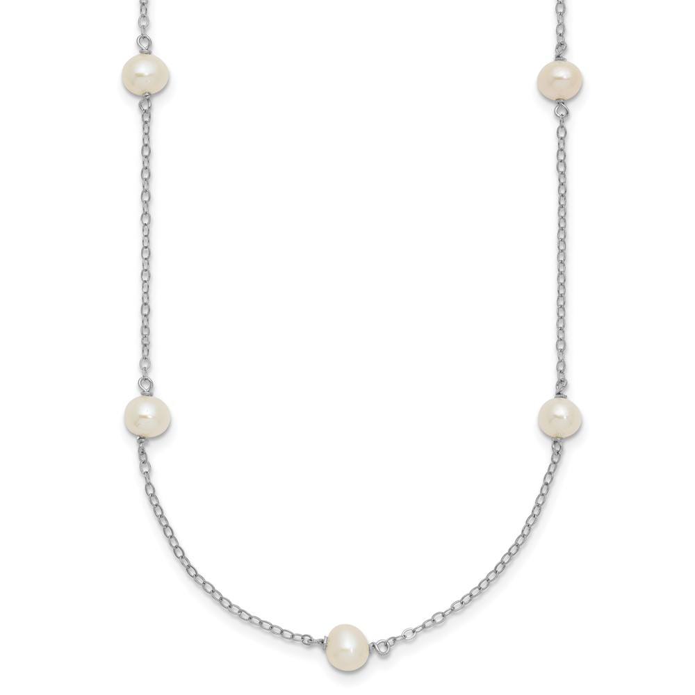 Sterling Silver Rhodium-plated 5-6mm White Near-Round Freshwater Cultured Pearl 8-Station 16 inch Necklace (QH5005-16)