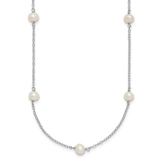Sterling Silver Rhodium-plated 5-6mm White Near-Round Freshwater Cultured Pearl 8-Station 16 inch Necklace