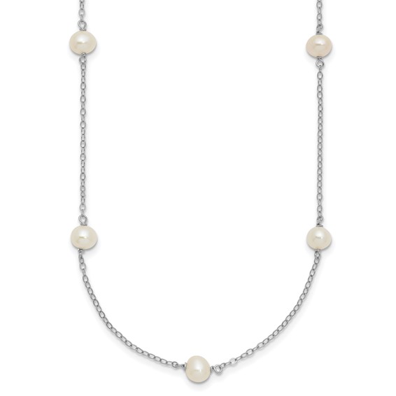 Sterling Silver Rhodium-plated 5-6mm White Near-Round Freshwater Cultured Pearl 8-Station 16 inch Necklace