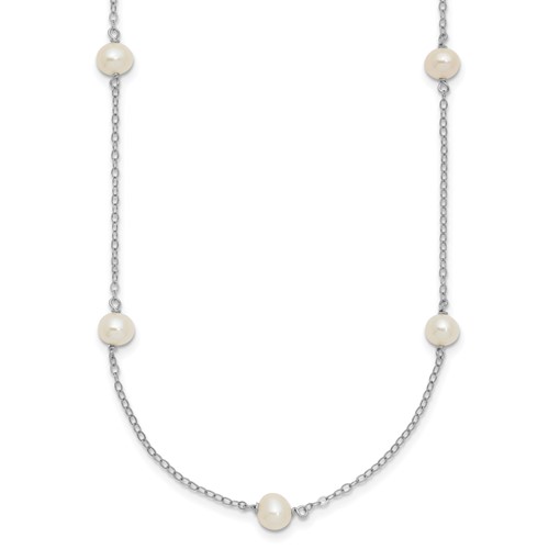 Sterling Silver Rhodium-plated 5-6mm White Near-Round Freshwater Cultured Pearl 9-Station Necklace, 18"