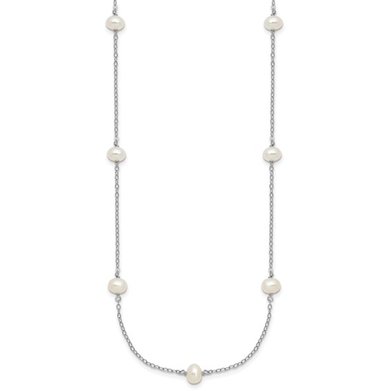 Sterling Silver Rhodium-plated 4-5mm White Near-Round Freshwater Cultured Pearl 9-Station 18 inch Necklace