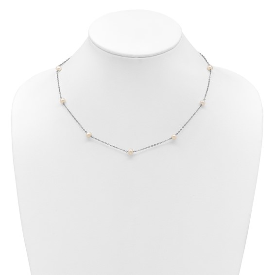 Sterling Silver Rhodium-plated 4-5mm White Near-Round Freshwater Cultured Pearl 9-Station 18 inch Necklace