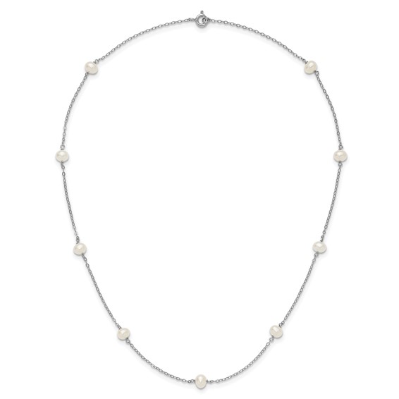 Sterling Silver Rhodium-plated 4-5mm White Near-Round Freshwater Cultured Pearl 9-Station 18 inch Necklace