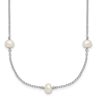Sterling Silver Rhodium-plated 4-5mm White Near-Round Freshwater Cultured Pearl 9-Station 18 inch Necklace