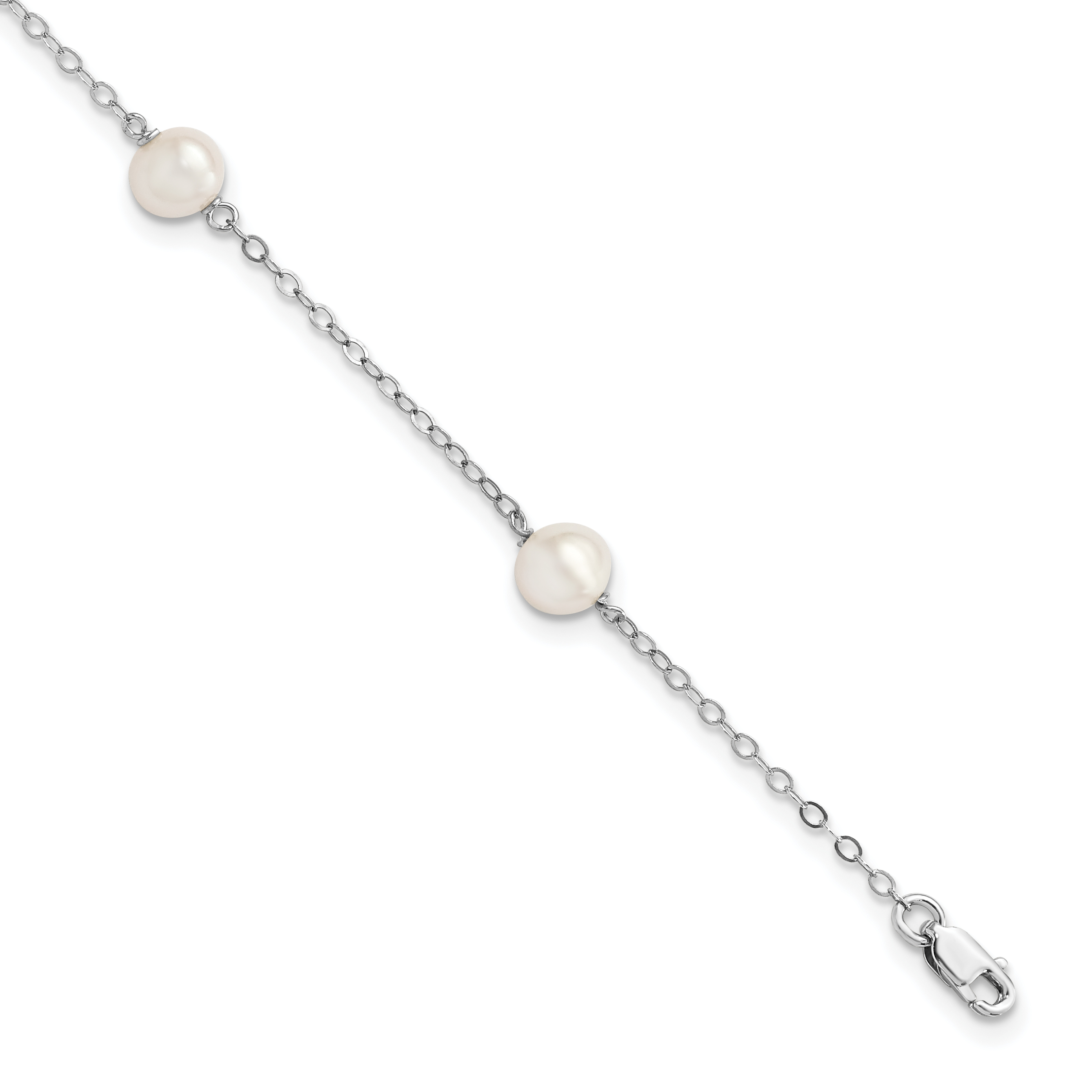 Sterling Silver Rhodium-plated 5-6mm White Freshwater Cultured Pearl 3-Stations 5.5 inch with 1 inch Extension Bracelet (QH5011-5.5)