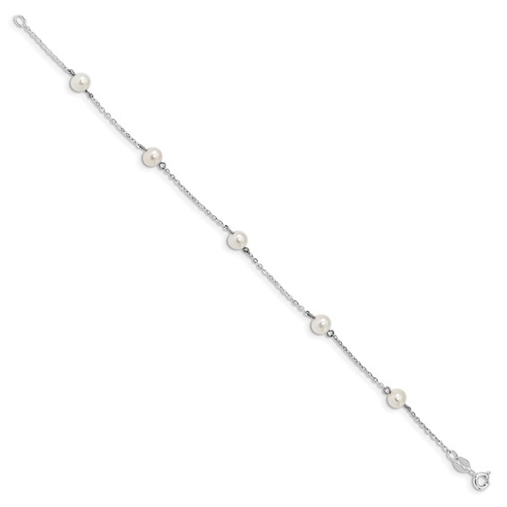 Sterling Silver Rhodium-plated 5-6mm White Round Freshwater Cultured Pearl 5-Station 7 inch Bracelet