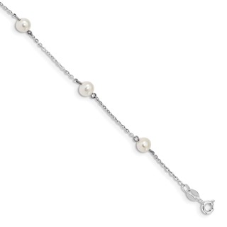 Sterling Silver Rhodium-plated 5-6mm White Round Freshwater Cultured Pearl 5-Station 7 inch Bracelet