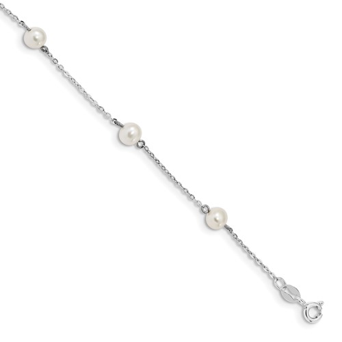 Sterling Silver Rhodium-plated 5-6mm White Round Freshwater Cultured Pearl 5-Station Bracelet, 7"