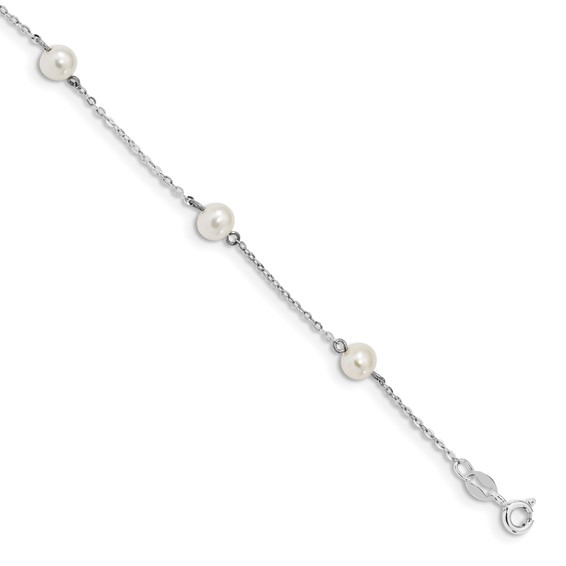 Sterling Silver Rhodium-plated 5-6mm White Round Freshwater Cultured Pearl 5-Station 7 inch Bracelet