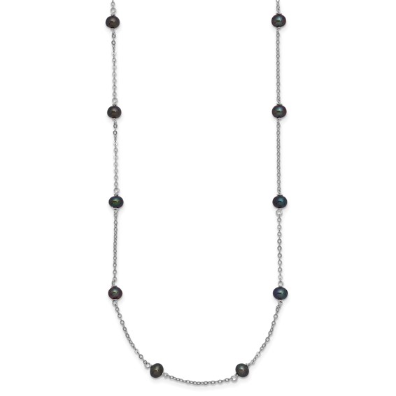 Sterling Silver Rhodium-plated 4-5mm Black Semi-Round Freshwater Cultured Pearl 8-Station 16 inch Necklace