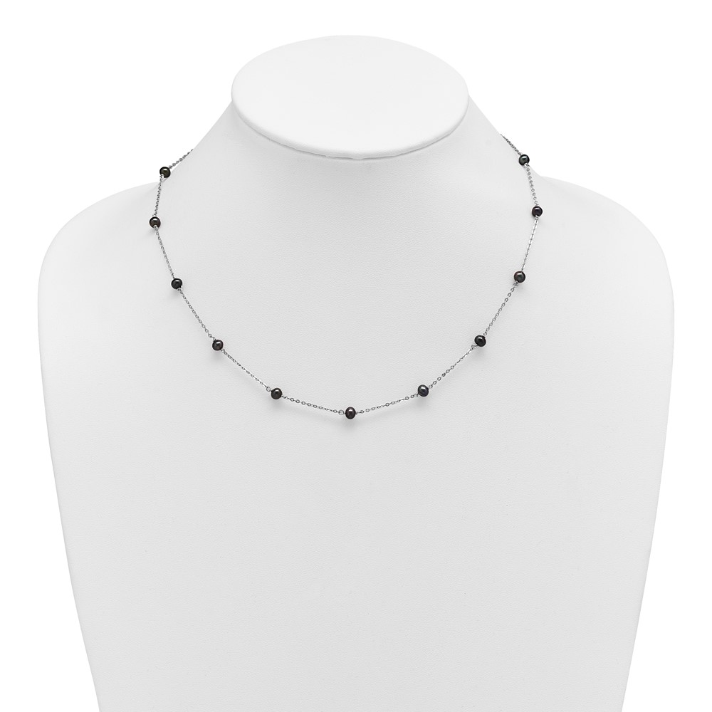 Sterling Silver Rhodium-plated 4-5mm Black Semi-Round Freshwater Cultured Pearl 14-Station 18 inch Necklace (QH5019-18)