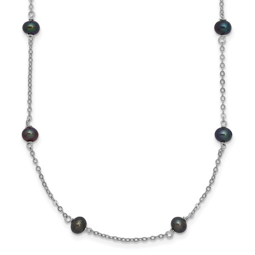 Sterling Silver Rhodium-plated 4-5mm Black Semi-Round Freshwater Cultured Pearl 14-Station Necklace, 18"