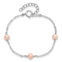 Sterling Silver Rhodium-plated 4-5mm Pink Semi-Round Freshwater Cultured Pearl 3-Station Bracelet with 1 Inch Extension, 5" view 4