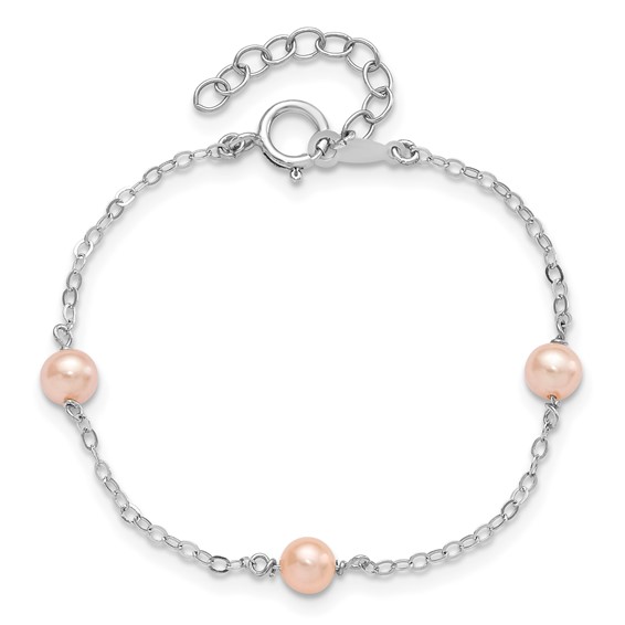 Sterling Silver Rhodium-plated 4-5mm Pink Semi-Round Freshwater Cultured Pearl 3-Station 5 inch with 1 inch Extension Children's Bracelet