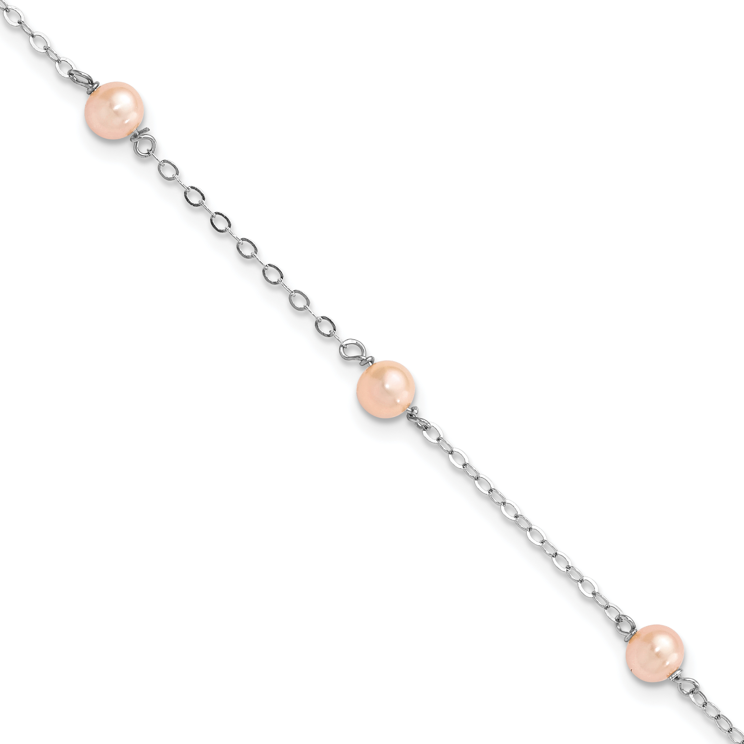 Sterling Silver Rhodium-plated 4-5mm Pink Semi-Round Freshwater Cultured Pearl 3-Station 5 inch with 1 inch Extension Children's Bracelet (QH5029-5)