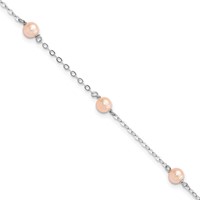 Sterling Silver Rhodium-plated 4-5mm Pink Semi-Round Freshwater Cultured Pearl 3-Station Bracelet with 1 Inch Extension, 5" view 1