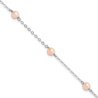 Sterling Silver Rhodium-plated 4-5mm Pink Semi-Round Freshwater Cultured Pearl 3-Station 5 inch with 1 inch Extension Children's Bracelet