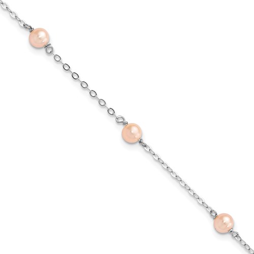 Sterling Silver Rhodium-plated 4-5mm Pink Semi-Round Freshwater Cultured Pearl 3-Station Bracelet with 1 Inch Extension, 5"