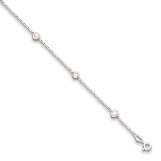Sterling Silver Rhodium-plated 4-5mm Pink Semi-Round Freshwater Cultured Pearl 3-Station 5 inch with 1 inch Extension Children's Bracelet