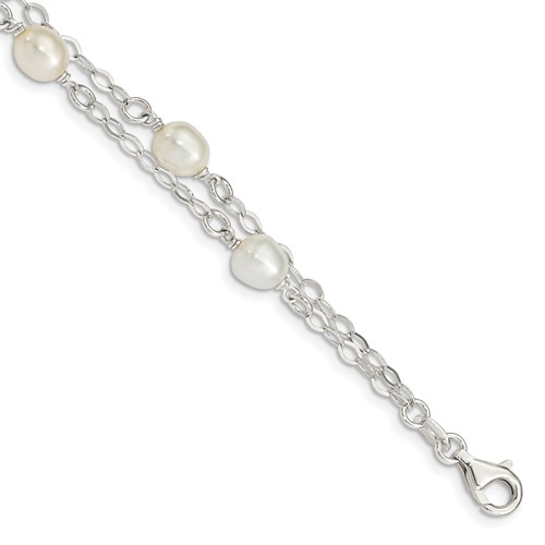 Sterling Silver 6-7mm White Rice Freshwater Cultured Pearl 2-Strand Bracelet, 7.5"