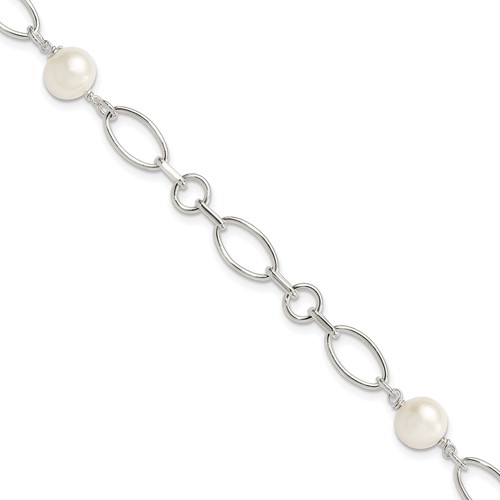 Sterling Silver Polished 7-13mm White Semi-Round Freshwater Cultured Pearl Bracelet, 8.5"