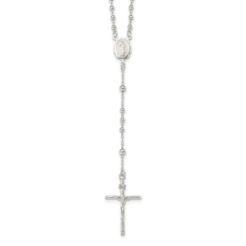 Sterling Silver Polished Beaded Rosary Necklace, 16"
