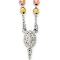 Sterling Silver Rose and Yellow Gold-plated Polished Beaded Rosary Necklace, 18" view 3