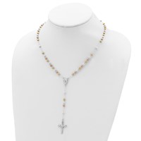 Sterling Silver Rose and Yellow Gold-plated Polished Beaded Rosary Necklace, 18" view 4