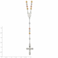 Sterling Silver Rose and Yellow Gold-plated Polished Beaded Rosary Necklace, 18" view 5