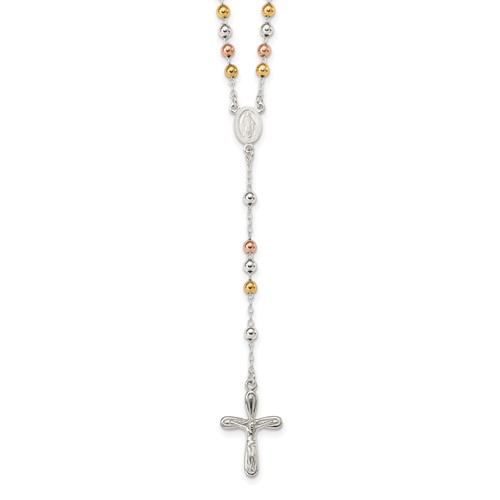 Sterling Silver Rose and Yellow Gold-plated Polished Beaded Rosary Necklace, 18"