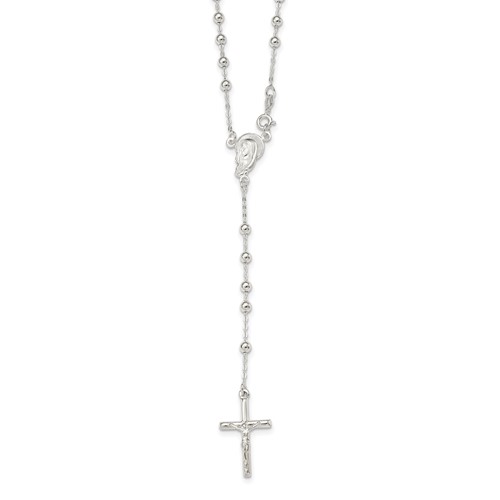 Sterling Silver Polished Crucifix Beaded Rosary Necklace, 24"