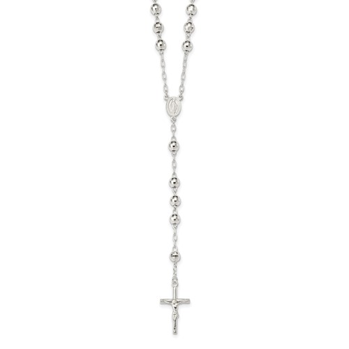 Sterling Silver Polished Mirror Beaded Rosary, 26"