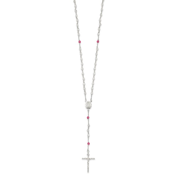 Sterling Silver Polished Crystal Rose Quartz Rosary Necklace