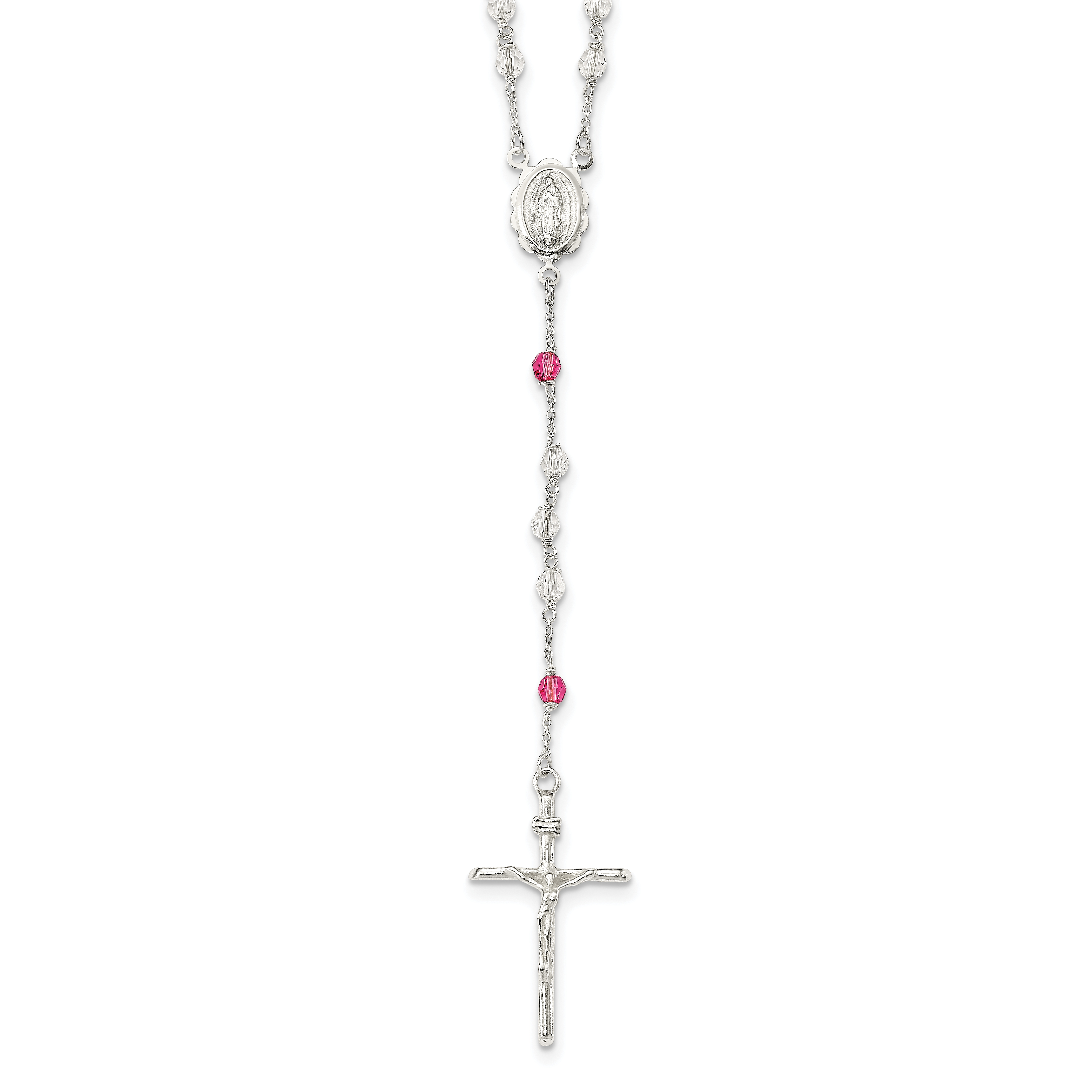Sterling Silver Polished Crystal Rose Quartz Rosary Necklace (QH5132-21.5)