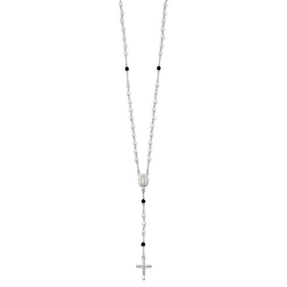 Sterling Silver Polished and Black Crystal Bead Rosary 23.5 inch Necklace